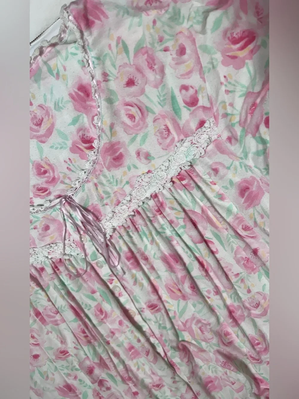 Eileen West Floral Print  Gown Size XLARGE, Pink & Green Modal Blend. READ